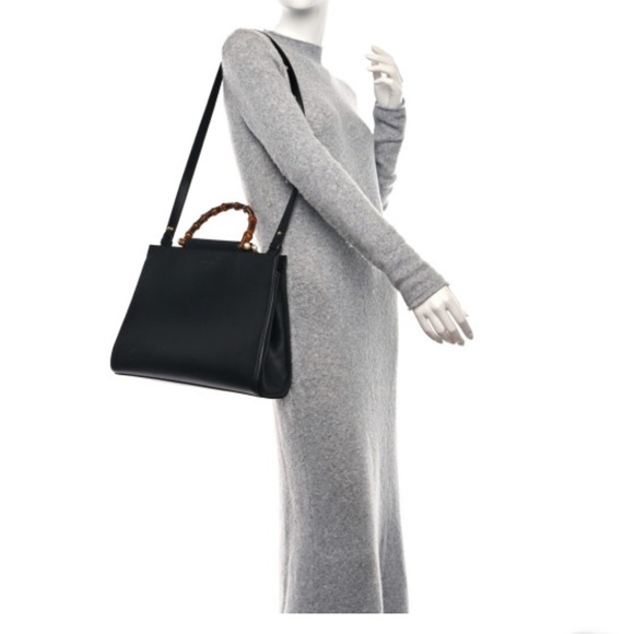 GUCCI Nappa Bamboo Nymphaea Top Handle Satchel Bag Black with Dustbag - Picture 3 of 16